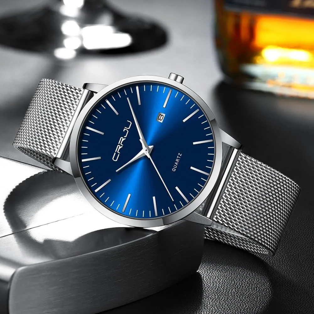 Wristwatches for Men Stainsteel Steel Band Watch labellum basic unreliable secretary aid CRRJU Men's Minimalist Casual Luxury Auto Date Watches Fashion Business Japan Movement Quartz Waterproof 
