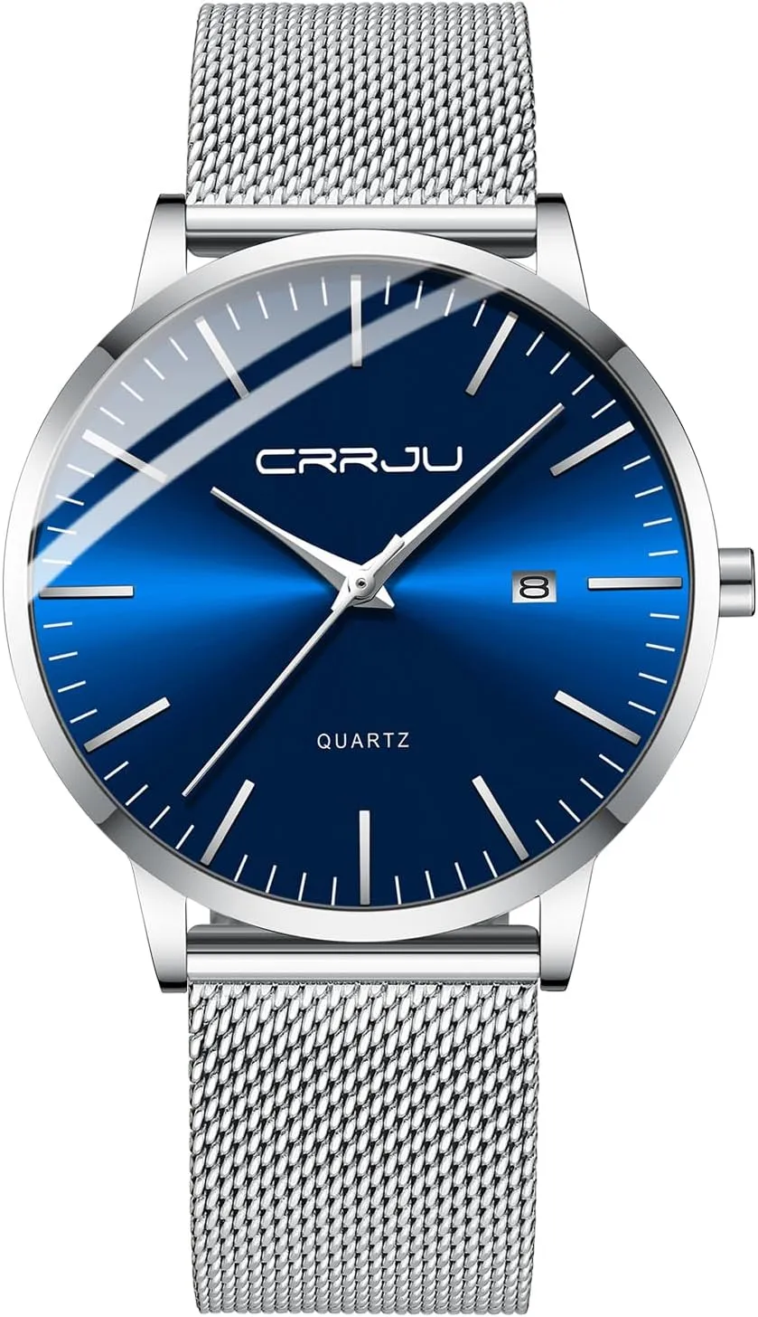 Wristwatches for Men Stainsteel Steel Band Watch labellum basic unreliable secretary aid CRRJU Men's Minimalist Casual Luxury Auto Date Watches Fashion Business Japan Movement Quartz Waterproof 