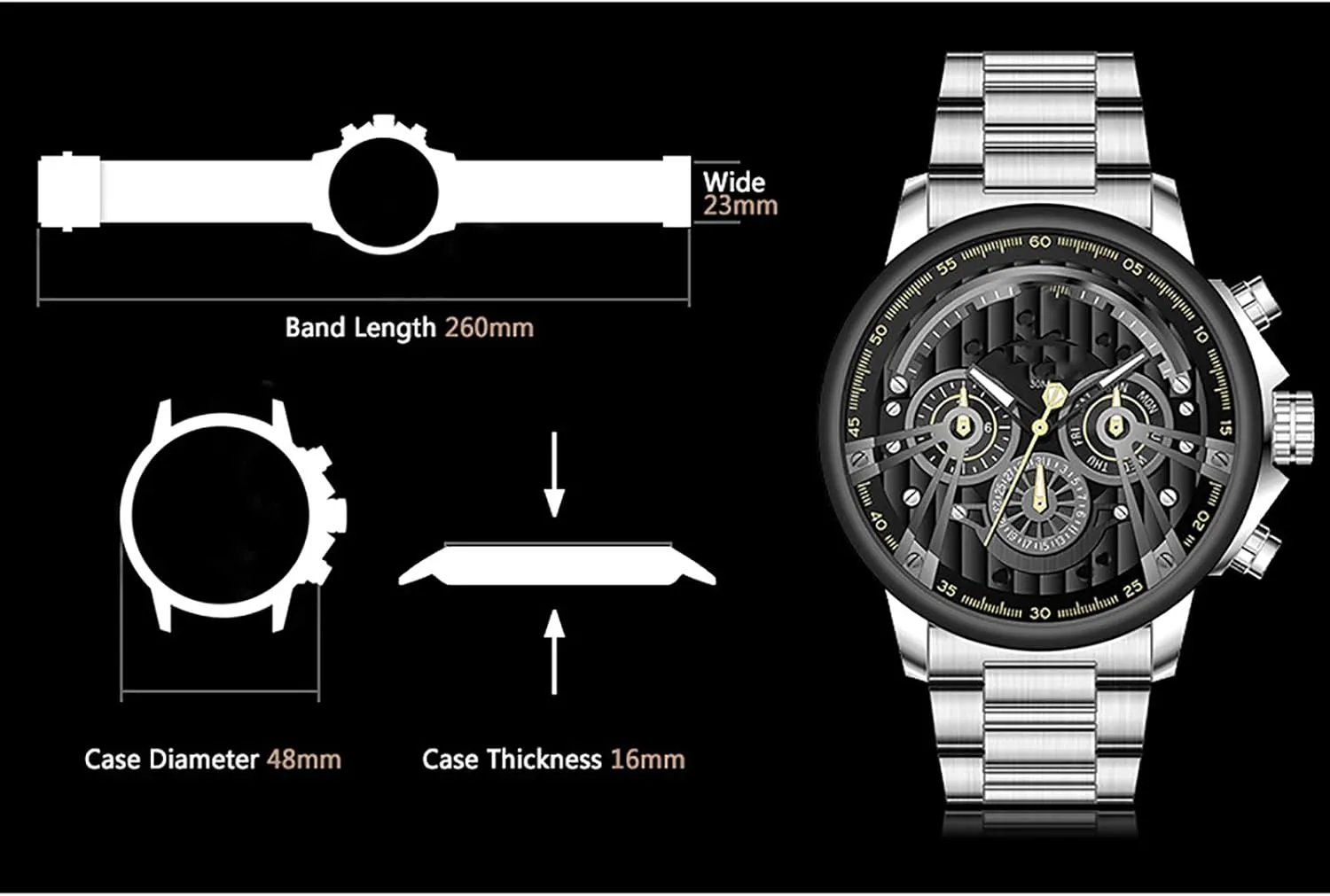 Wristwatch,Stainless Steel Band Sports Waterproof Large Dial Watches, for Men lag stratigraphy fancy nationalistic curve C Men Dress Business Chronograph 